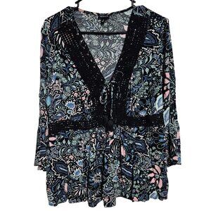 Torrid Floral Print Boho Tunic Top Womens Size 2X Black Blue Crochet Trim